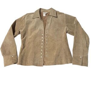 Coldwater Creek Leather Jacket Tan Suede Snap Front Snap Cuffs Small